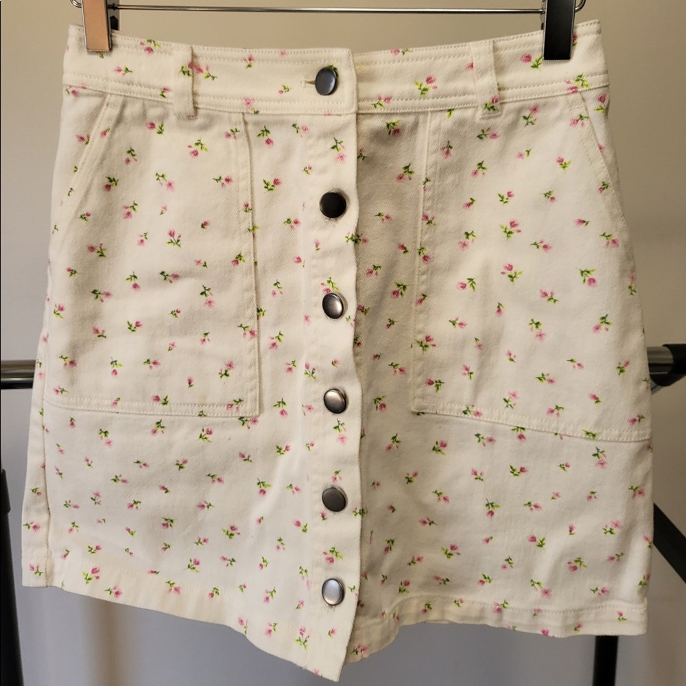 White Denim Miniskirt Floral Button Front Size XS